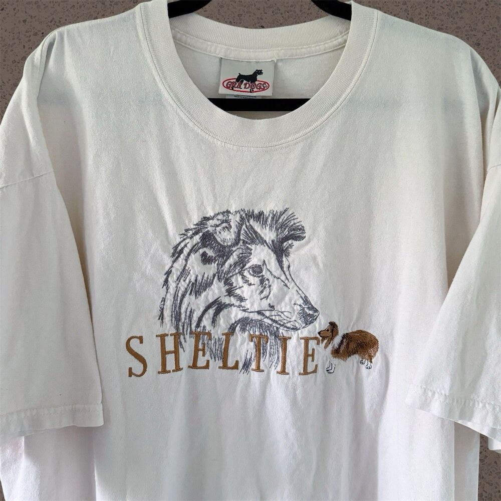 Vtg Gr8 Dogs Sheltie Graphic Tee Shirt Oatmeal Tan XXL 2XL Dog Lover Shetland